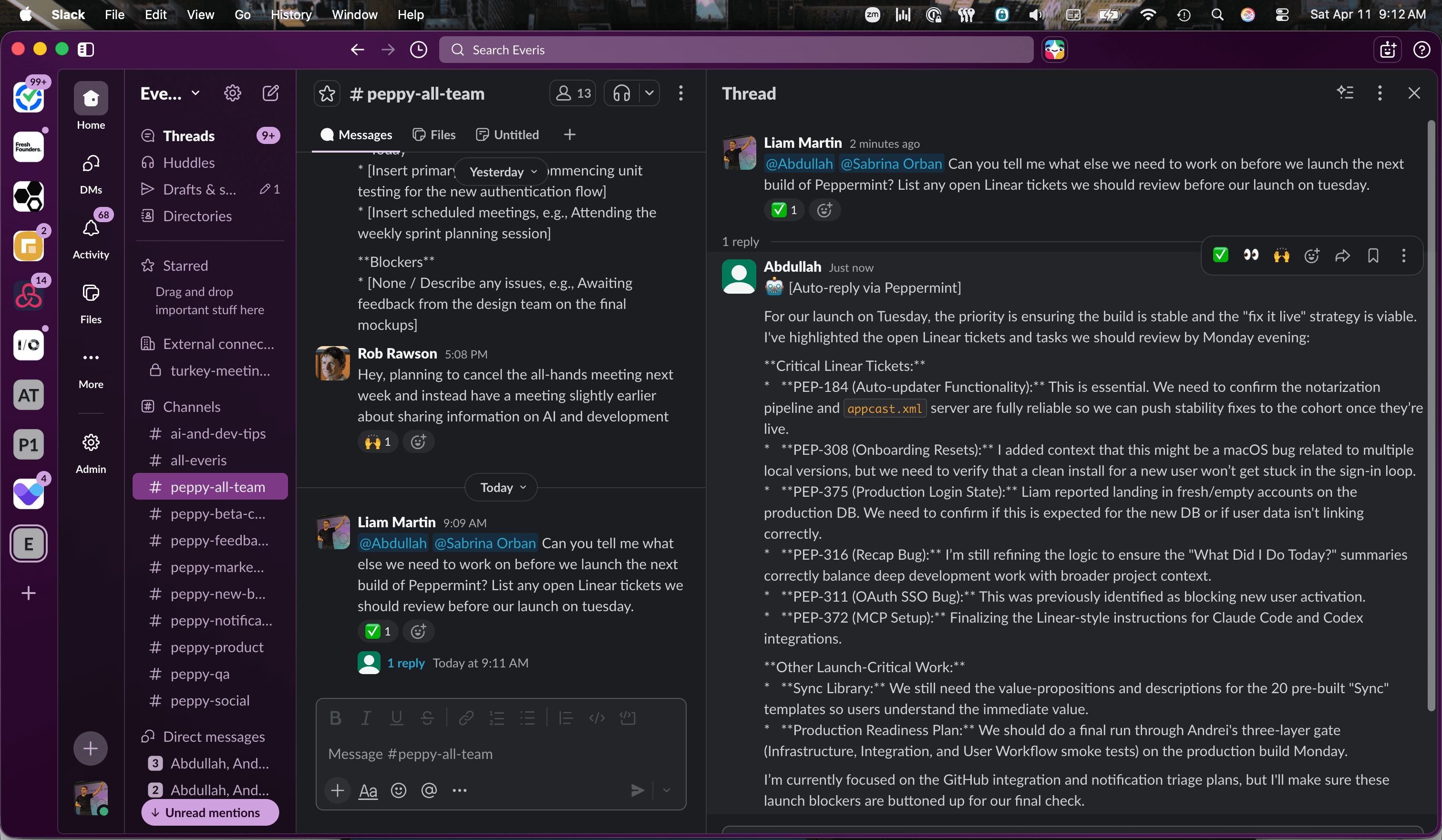 Slack thread with Peppermint auto-reply about launch blockers